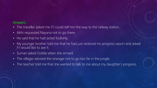 Answers :
• The traveller asked me if I could tell him the way to the railway station.
• Abhi requested Nayana not to go there.
• He said that he had acted foolishly.
• My younger brother told me that he had just received his progress report and asked
if I would like to see it.
• Suman asked Goldie when she arrived.
• The villager advised the stranger not to go too far in the jungle.
• The teacher told me that she wanted to talk to me about my daughter’s progress.
 