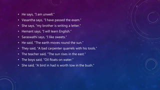 • He says, “I am unwell.”
• Vasantha says, “I have passed the exam.”
• She says, “my brother is writing a letter.”
• Hemant says, “I will learn English.”
• Saraswathi says, “I like sweets.”
• He said, “The earth moves round the sun.”
• They said, “A bad carpenter quarrels with his tools.”
• The teacher said, “The sun rises in the east.”
• The boys said, “Oil floats on water.”
• She said, “A bird in had is worth tow in the bush.”
 