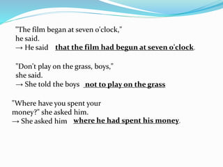"The film began at seven o'clock,"
he said.
→ He said
"Don't play on the grass, boys,"
she said.
→ She told the boys
"Where have you spent your
money?" she asked him.
→ She asked him
that the film had begun at seven o'clock.
not to play on the grass
where he had spent his money.
 