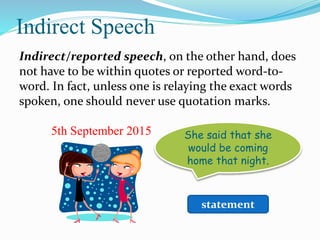 Indirect Speech
Indirect/reported speech, on the other hand, does
not have to be within quotes or reported word-to-
word. In fact, unless one is relaying the exact words
spoken, one should never use quotation marks.
5th September 2015 She said that she
would be coming
home that night.
statement
 