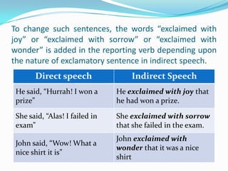 To change such sentences, the words “exclaimed with
joy” or “exclaimed with sorrow” or “exclaimed with
wonder” is added in...