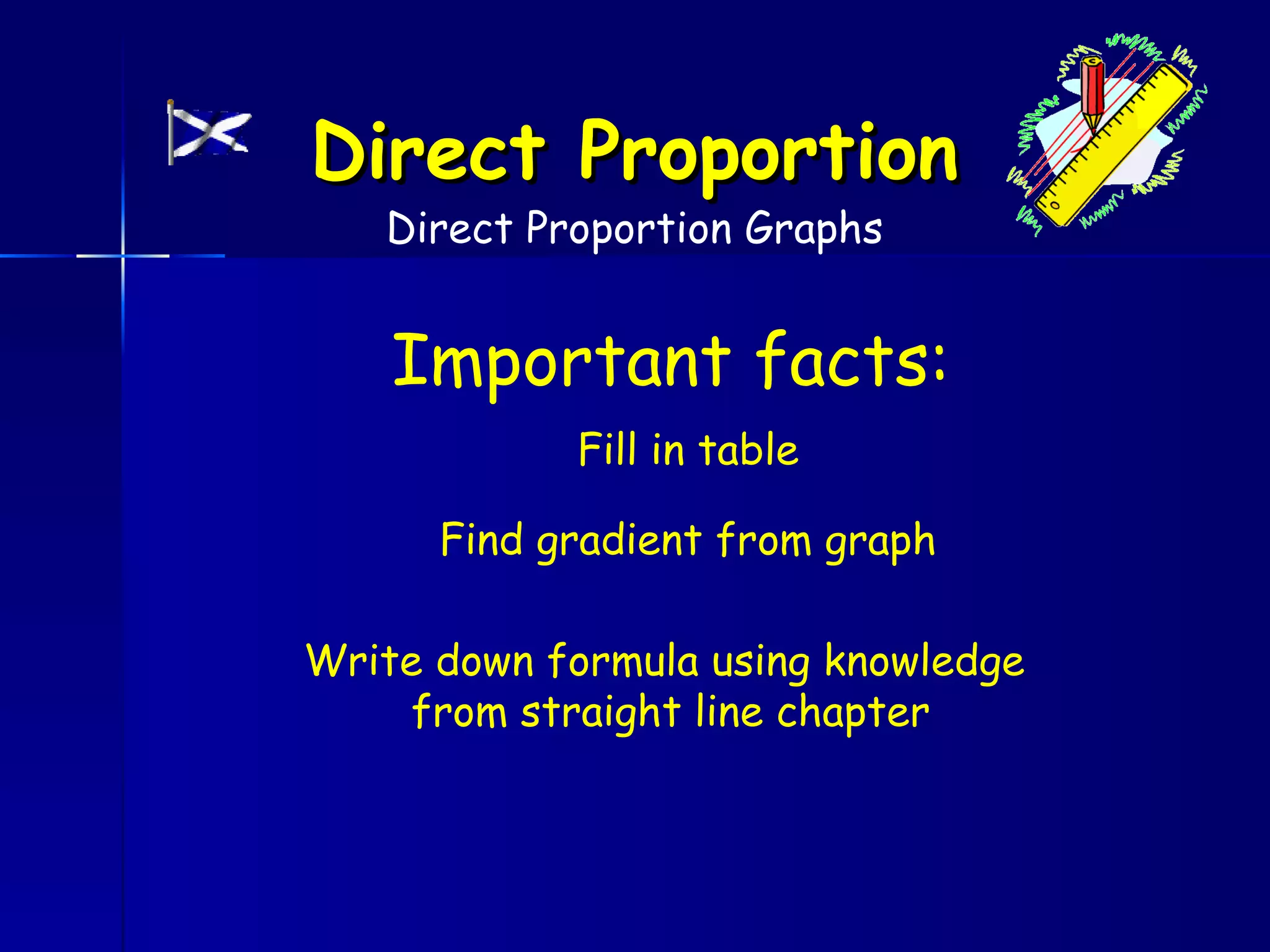 Direct Proportion
   Direct Proportion Graphs


    Important facts:
            Fill in table

      Find gradient from graph

Write down formula using knowledge
    from straight line chapter
 