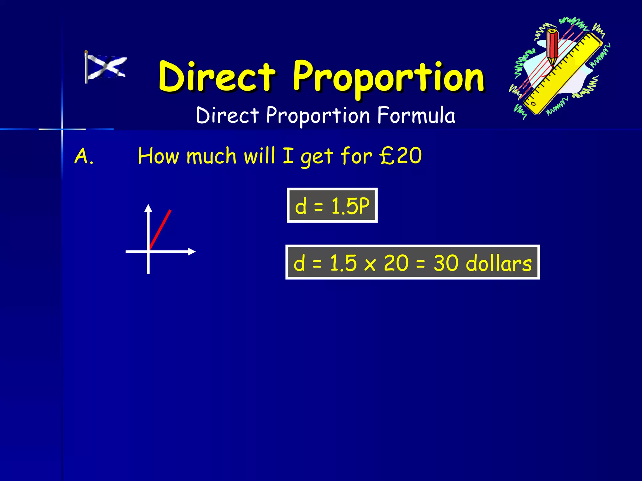 Direct Proportion
          Direct Proportion Formula
A.   How much will I get for £20

                   d = 1.5P

                   d = 1.5 x 20 = 30 dollars
 