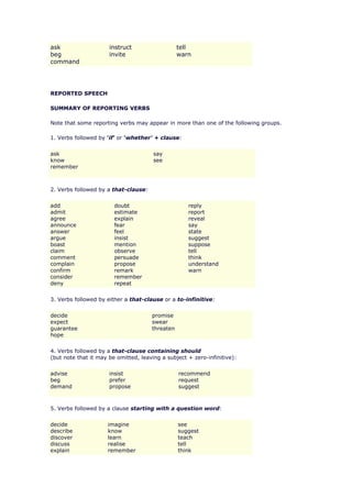 ask                   instruct                   tell
beg                   invite                     warn
command




REPORTED SPEECH

SUMMARY OF REPORTING VERBS

Note that some reporting verbs may appear in more than one of the following groups.

1. Verbs followed by 'if' or 'whether' + clause:


ask                                    say
know                                   see
remember



2. Verbs followed by a that-clause:


add                     doubt                       reply
admit                   estimate                    report
agree                   explain                     reveal
announce                fear                        say
answer                  feel                        state
argue                   insist                      suggest
boast                   mention                     suppose
claim                   observe                     tell
comment                 persuade                    think
complain                propose                     understand
confirm                 remark                      warn
consider                remember
deny                    repeat


3. Verbs followed by either a that-clause or a to-infinitive:


decide                                promise
expect                                swear
guarantee                             threaten
hope


4. Verbs followed by a that-clause containing should
(but note that it may be omitted, leaving a subject + zero-infinitive):


advise                insist                     recommend
beg                   prefer                     request
demand                propose                    suggest



5. Verbs followed by a clause starting with a question word:


decide               imagine                     see
describe             know                        suggest
discover             learn                       teach
discuss              realise                     tell
explain              remember                    think
 