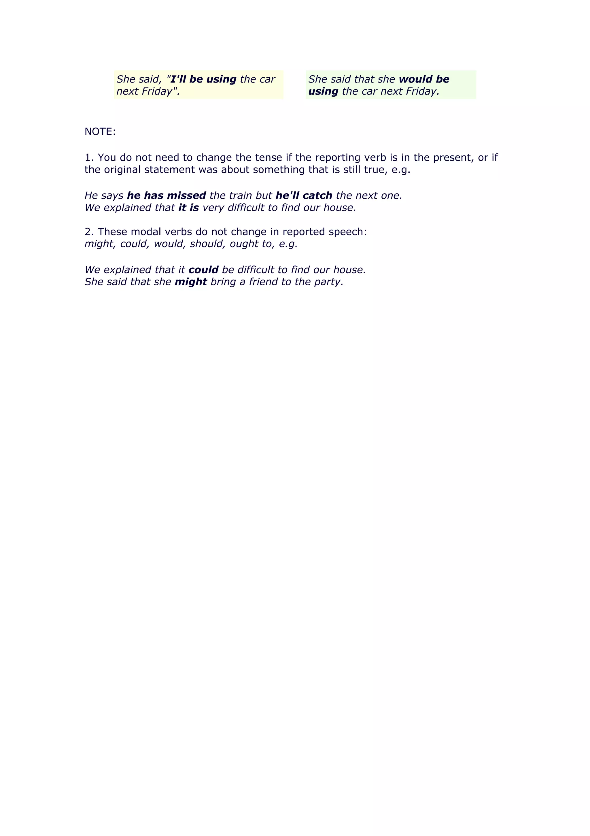 She said, "I'll be using the car        She said that she would be
      next Friday".                           using the car next Friday.



NOTE:

1. You do not need to change the tense if the reporting verb is in the present, or if
the original statement was about something that is still true, e.g.

He says he has missed the train but he'll catch the next one.
We explained that it is very difficult to find our house.

2. These modal verbs do not change in reported speech:
might, could, would, should, ought to, e.g.

We explained that it could be difficult to find our house.
She said that she might bring a friend to the party.
 