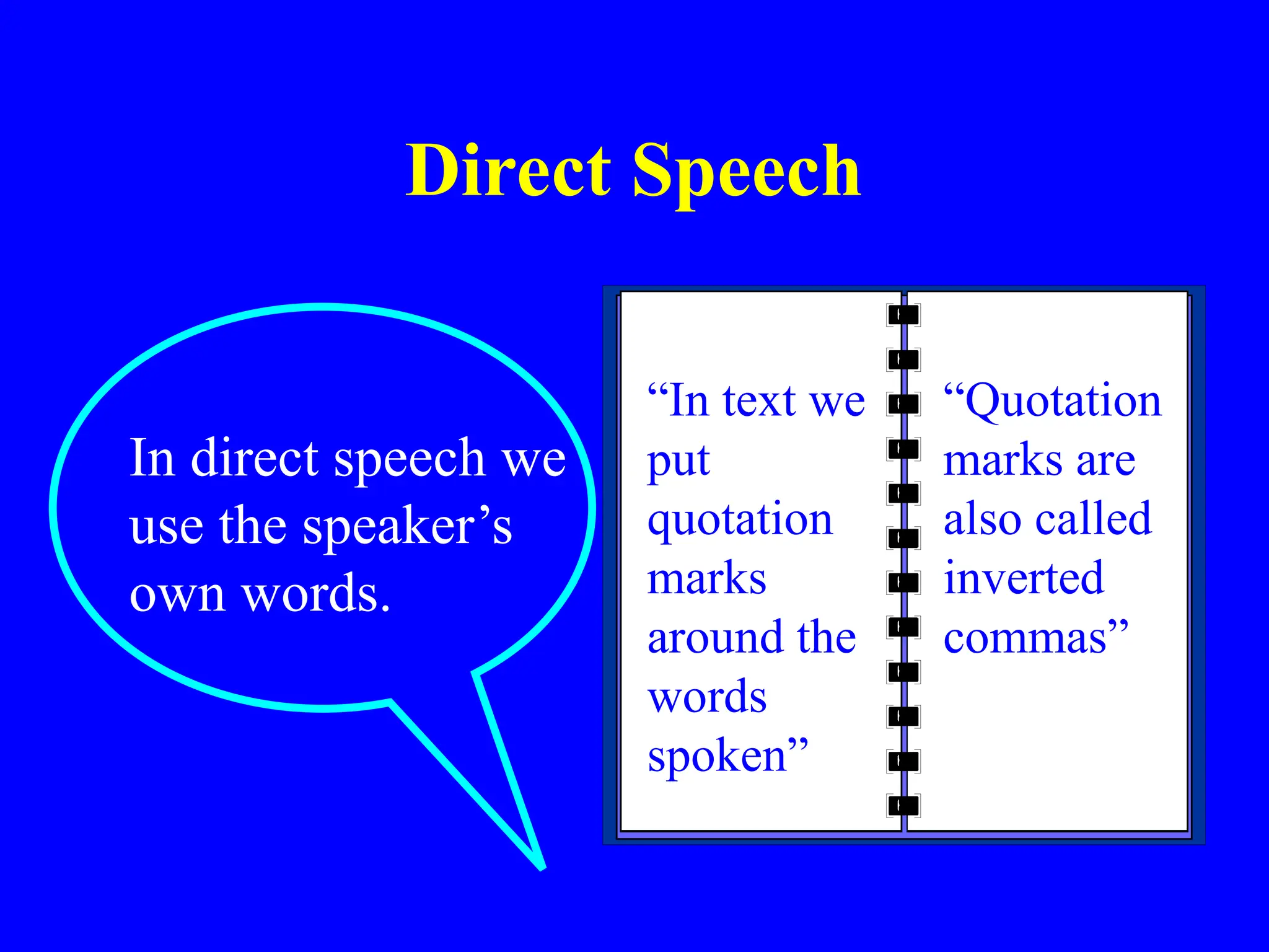 Direct Speech
In direct speech we
use the speaker’s
own words.
“In text we
put
quotation
marks
around the
words
spoken”
“Quotation
marks are
also called
inverted
commas”
 
