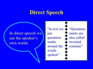 Direct Speech
In direct speech we
use the speaker’s
own words.
“In text we
put
quotation
marks
around the
words
spoken”
“Quotation
marks are
also called
inverted
commas”
 
