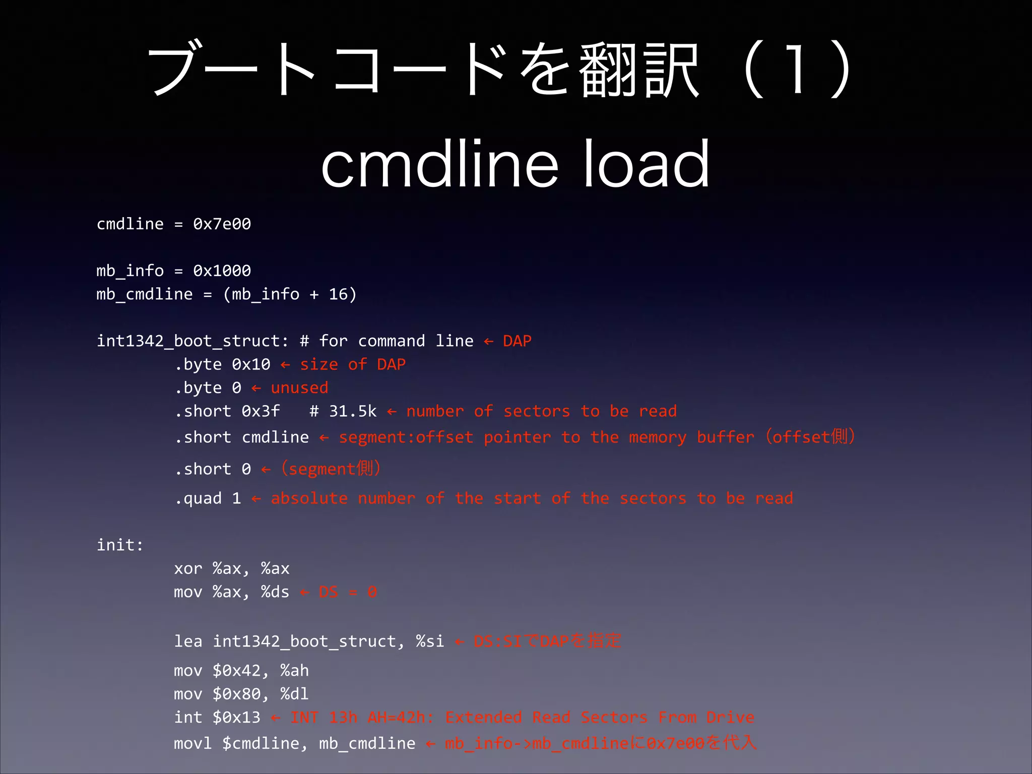 ブートコードを翻訳（１） 
cmdline load
cmdline	
  =	
  0x7e00	
  

!

mb_info	
  =	
  0x1000	
  
mb_cmdline	
  =	
  (mb_info	
  +	
  16)	
  	
  	
  

!

int1342_boot_struct:	
  #	
  for	
  command	
  line	
  ←	
  DAP	
  
	
  	
  	
  	
  	
  	
  	
  	
  .byte	
  0x10	
  ←	
  size	
  of	
  DAP	
  
	
  	
  	
  	
  	
  	
  	
  	
  .byte	
  0	
  ←	
  unused	
  
	
  	
  	
  	
  	
  	
  	
  	
  .short	
  0x3f	
  	
  	
  #	
  31.5k	
  ←	
  number	
  of	
  sectors	
  to	
  be	
  read	
  
	
  	
  	
  	
  	
  	
  	
  	
  .short	
  cmdline	
  ←	
  segment:offset	
  pointer	
  to	
  the	
  memory	
  buffer（offset側）	
  
	
  	
  	
  	
  	
  	
  	
  	
  .short	
  0	
  ←（segment側）	
  
	
  	
  	
  	
  	
  	
  	
  	
  .quad	
  1	
  ←	
  absolute	
  number	
  of	
  the	
  start	
  of	
  the	
  sectors	
  to	
  be	
  read	
  

!

init:	
  
	
  	
  	
  	
  	
  	
  	
  	
  xor	
  %ax,	
  %ax	
  
	
  	
  	
  	
  	
  	
  	
  	
  mov	
  %ax,	
  %ds	
  ←	
  DS	
  =	
  0	
  

!

	
  	
  	
  	
  	
  	
  	
  	
  lea	
  int1342_boot_struct,	
  %si	
  ←	
  DS:SIでDAPを指定	
  
	
  	
  	
  	
  	
  	
  	
  	
  mov	
  $0x42,	
  %ah	
  
	
  	
  	
  	
  	
  	
  	
  	
  mov	
  $0x80,	
  %dl	
  
	
  	
  	
  	
  	
  	
  	
  	
  int	
  $0x13	
  ←	
  INT	
  13h	
  AH=42h:	
  Extended	
  Read	
  Sectors	
  From	
  Drive	
  
	
  	
  	
  	
  	
  	
  	
  	
  movl	
  $cmdline,	
  mb_cmdline	
  ←	
  mb_info-­‐>mb_cmdlineに0x7e00を代入

 