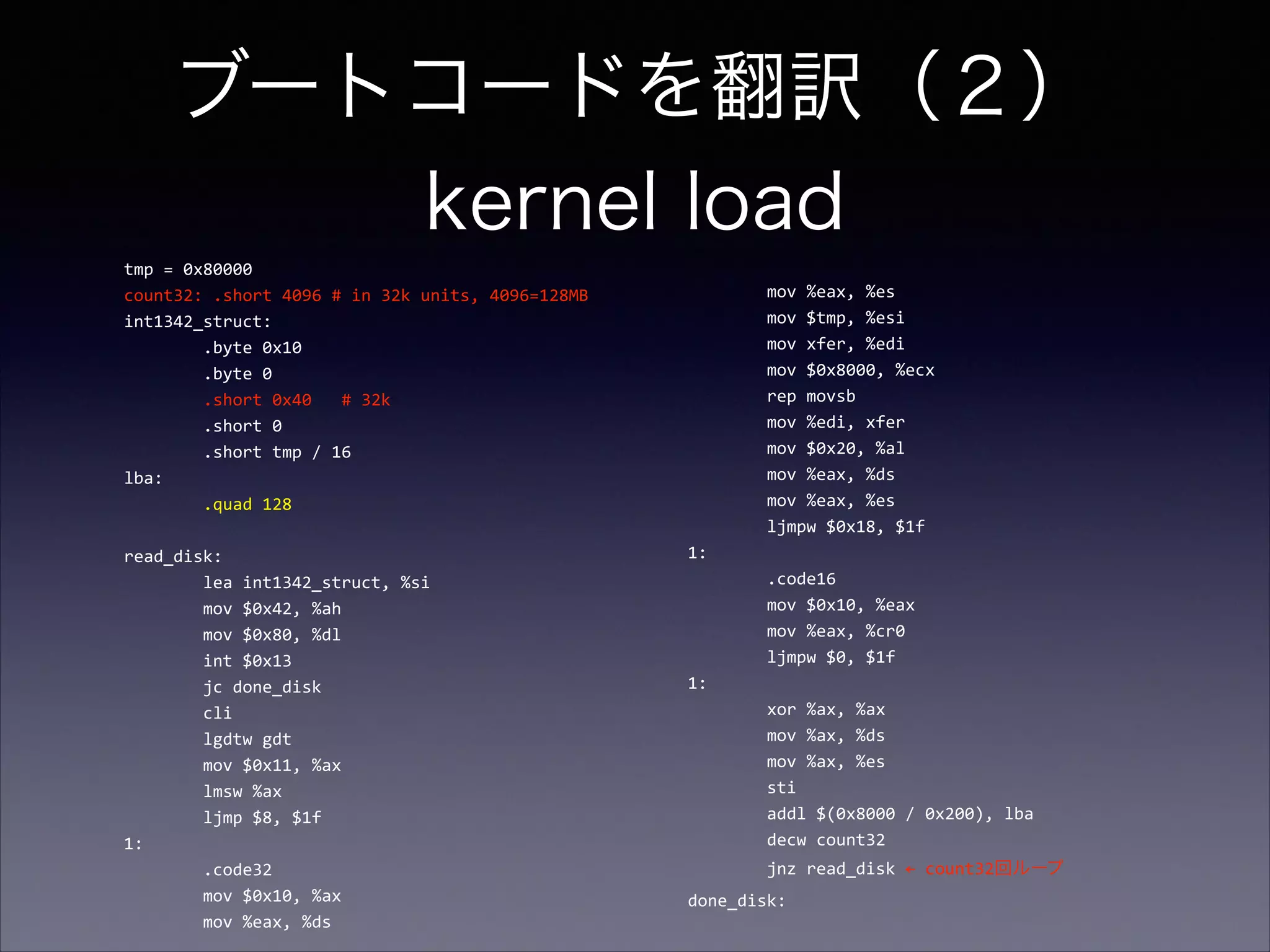 ブートコードを翻訳（２） 
kernel load
tmp	
  =	
  0x80000	
  
count32:	
  .short	
  4096	
  #	
  in	
  32k	
  units,	
  4096=128MB	
  
int1342_struct:	
  
	
  	
  	
  	
  	
  	
  	
  	
  .byte	
  0x10	
  
	
  	
  	
  	
  	
  	
  	
  	
  .byte	
  0	
  
	
  	
  	
  	
  	
  	
  	
  	
  .short	
  0x40	
  	
  	
  #	
  32k	
  
	
  	
  	
  	
  	
  	
  	
  	
  .short	
  0	
  
	
  	
  	
  	
  	
  	
  	
  	
  .short	
  tmp	
  /	
  16	
  
lba:	
  
	
  	
  	
  	
  	
  	
  	
  	
  .quad	
  128	
  

!

read_disk:	
  
	
  	
  	
  	
  	
  	
  	
  	
  lea	
  int1342_struct,	
  %si	
  
	
  	
  	
  	
  	
  	
  	
  	
  mov	
  $0x42,	
  %ah	
  
	
  	
  	
  	
  	
  	
  	
  	
  mov	
  $0x80,	
  %dl	
  
	
  	
  	
  	
  	
  	
  	
  	
  int	
  $0x13	
  
	
  	
  	
  	
  	
  	
  	
  	
  jc	
  done_disk	
  
	
  	
  	
  	
  	
  	
  	
  	
  cli	
  
	
  	
  	
  	
  	
  	
  	
  	
  lgdtw	
  gdt	
  
	
  	
  	
  	
  	
  	
  	
  	
  mov	
  $0x11,	
  %ax	
  
	
  	
  	
  	
  	
  	
  	
  	
  lmsw	
  %ax	
  
	
  	
  	
  	
  	
  	
  	
  	
  ljmp	
  $8,	
  $1f	
  
1:	
  
	
  	
  	
  	
  	
  	
  	
  	
  .code32	
  
	
  	
  	
  	
  	
  	
  	
  	
  mov	
  $0x10,	
  %ax	
  
	
  	
  	
  	
  	
  	
  	
  	
  mov	
  %eax,	
  %ds	
  

	
  	
  	
  	
  	
  	
  	
  	
  mov	
  %eax,	
  %es	
  
	
  	
  	
  	
  	
  	
  	
  	
  mov	
  $tmp,	
  %esi	
  
	
  	
  	
  	
  	
  	
  	
  	
  mov	
  xfer,	
  %edi	
  
	
  	
  	
  	
  	
  	
  	
  	
  mov	
  $0x8000,	
  %ecx	
  
	
  	
  	
  	
  	
  	
  	
  	
  rep	
  movsb	
  
	
  	
  	
  	
  	
  	
  	
  	
  mov	
  %edi,	
  xfer	
  
	
  	
  	
  	
  	
  	
  	
  	
  mov	
  $0x20,	
  %al	
  
	
  	
  	
  	
  	
  	
  	
  	
  mov	
  %eax,	
  %ds	
  
	
  	
  	
  	
  	
  	
  	
  	
  mov	
  %eax,	
  %es	
  
	
  	
  	
  	
  	
  	
  	
  	
  ljmpw	
  $0x18,	
  $1f	
  
1:	
  
	
  	
  	
  	
  	
  	
  	
  	
  .code16	
  
	
  	
  	
  	
  	
  	
  	
  	
  mov	
  $0x10,	
  %eax	
  
	
  	
  	
  	
  	
  	
  	
  	
  mov	
  %eax,	
  %cr0	
  
	
  	
  	
  	
  	
  	
  	
  	
  ljmpw	
  $0,	
  $1f	
  
1:	
  
	
  	
  	
  	
  	
  	
  	
  	
  xor	
  %ax,	
  %ax	
  
	
  	
  	
  	
  	
  	
  	
  	
  mov	
  %ax,	
  %ds	
  
	
  	
  	
  	
  	
  	
  	
  	
  mov	
  %ax,	
  %es	
  
	
  	
  	
  	
  	
  	
  	
  	
  sti	
  
	
  	
  	
  	
  	
  	
  	
  	
  addl	
  $(0x8000	
  /	
  0x200),	
  lba	
  
	
  	
  	
  	
  	
  	
  	
  	
  decw	
  count32	
  
	
  	
  	
  	
  	
  	
  	
  	
  jnz	
  read_disk	
  ←	
  count32回ループ	
  
done_disk:

 