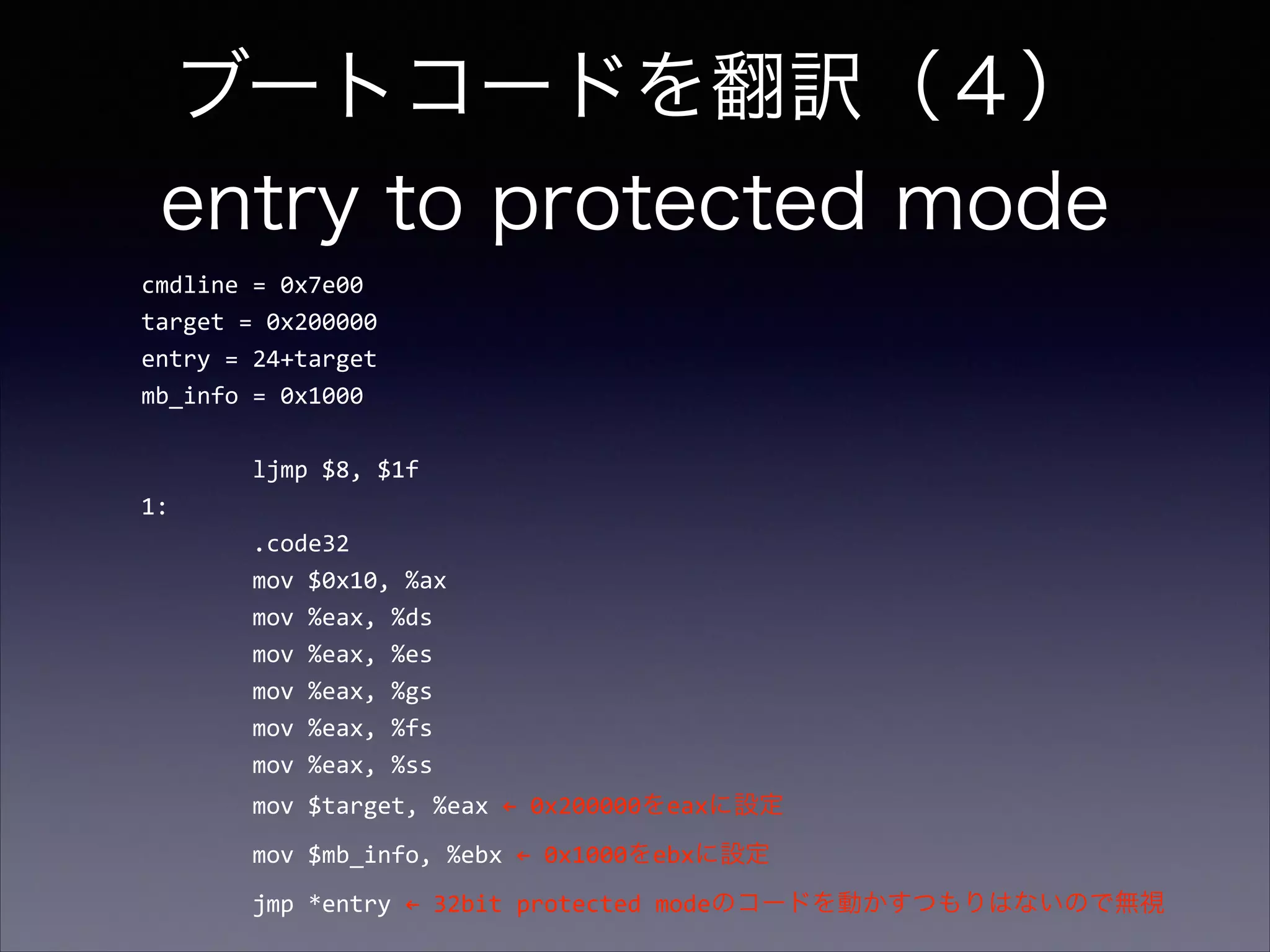 ブートコードを翻訳（４） 
entry to protected mode
cmdline	
  =	
  0x7e00	
  
target	
  =	
  0x200000	
  
entry	
  =	
  24+target	
  
mb_info	
  =	
  0x1000	
  

!
	
  	
  	
  	
  	
  	
  	
  	
  ljmp	
  $8,	
  $1f	
  
1:	
  
	
  	
  	
  	
  	
  	
  	
  	
  .code32	
  
	
  	
  	
  	
  	
  	
  	
  	
  mov	
  $0x10,	
  %ax	
  
	
  	
  	
  	
  	
  	
  	
  	
  mov	
  %eax,	
  %ds	
  
	
  	
  	
  	
  	
  	
  	
  	
  mov	
  %eax,	
  %es	
  
	
  	
  	
  	
  	
  	
  	
  	
  mov	
  %eax,	
  %gs	
  
	
  	
  	
  	
  	
  	
  	
  	
  mov	
  %eax,	
  %fs	
  
	
  	
  	
  	
  	
  	
  	
  	
  mov	
  %eax,	
  %ss	
  
	
  	
  	
  	
  	
  	
  	
  	
  mov	
  $target,	
  %eax	
  ←	
  0x200000をeaxに設定	
  
	
  	
  	
  	
  	
  	
  	
  	
  mov	
  $mb_info,	
  %ebx	
  ←	
  0x1000をebxに設定	
  
	
  	
  	
  	
  	
  	
  	
  	
  jmp	
  *entry	
  ←	
  32bit	
  protected	
  modeのコードを動かすつもりはないので無視

 