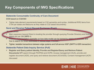 7
Key Components of IWG Specifications
Statewide Consumable Continuity of Care Document
CCD based on C32/C83
 Tighter data element requirements based on C32 semantics and syntax. (Additional R/R2 items from
C154 per states and Beacons as they relate to C32 based documents).
Send and Receive Patient Record Exchange (Push)
NwHIN Direct
 Main expansion beyond Direct is locating the provider through querying Provider Directory and finding
digital cert per S&I (HPD +)
 Provides implementation examples on how data model can be backed by relational database, and
how to search for Direct addresses in various ways. Provides i
 Tighter, testable transactions between edge systems and full service HISP (SMTP & XDR transaction)
Statewide Patient Data Inquiry Service (Pull)
 Register and Query patient Identity, Provide and Register/Query and Retrieve Patient
Documents MPI search through PIX/PDQ and XCPD, Access management (XUA), provide and
register document (XDS), and query and retrieve document (XCA/XDS); Consent management (ACP)
discussed
 