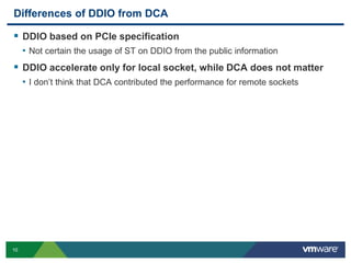 Differences of DDIO from DCA 
 DDIO based on PCIe specification 
• Not certain the usage of ST on DDIO from the public information 
 DDIO accelerate only for local socket, while DCA does not matter 
• I don’t think that DCA contributed the performance for remote sockets 
10 
 