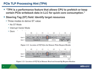 PCIe TLP Processing Hint (TPH) 
 “TPH is a performance feature that allows CPU to prefetch or keep 
certain PCIe writeback data in LLC for quick core consumption.” 
 Steering Tag (ST) field: Identify target resources 
• Three modes to derive ST value 
4 
• No ST Mode 
• Interrupt Vector Mode 
• Device Specific Mode 
 