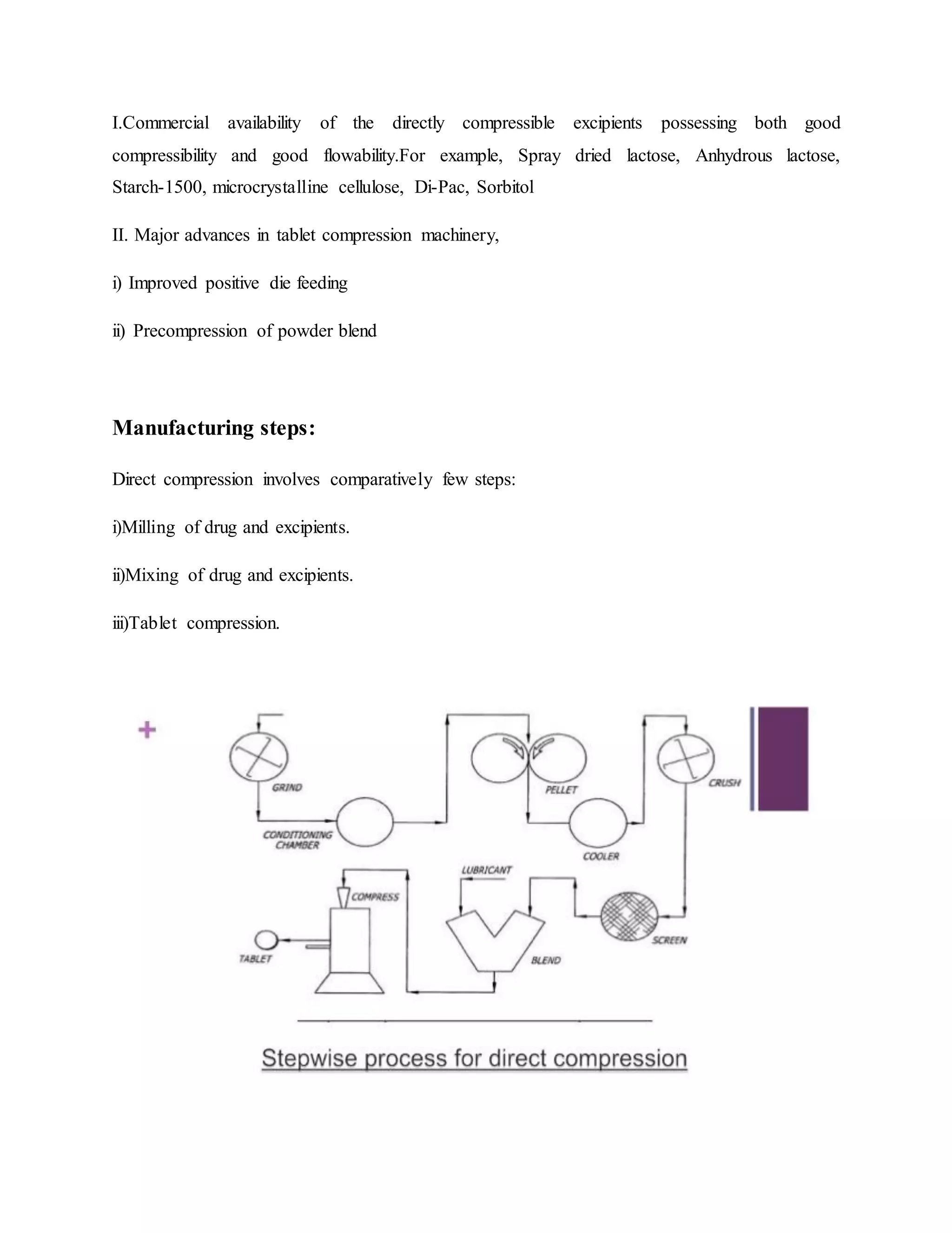 I.Commercial availability of the directly compressible excipients possessing both good
compressibility and good flowability.For example, Spray dried lactose, Anhydrous lactose,
Starch-1500, microcrystalline cellulose, Di-Pac, Sorbitol
II. Major advances in tablet compression machinery,
i) Improved positive die feeding
ii) Precompression of powder blend
Manufacturing steps:
Direct compression involves comparatively few steps:
i)Milling of drug and excipients.
ii)Mixing of drug and excipients.
iii)Tablet compression.
 