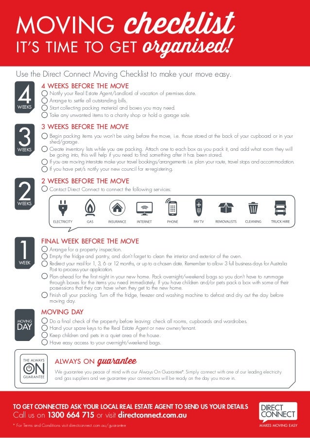 moving check list direct connect australia moving lists