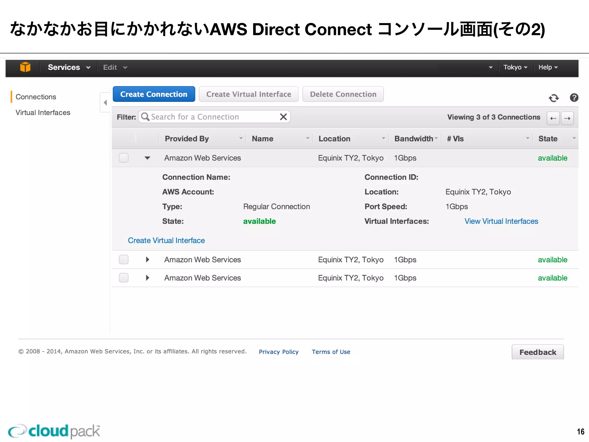 なかなかお⽬目にかかれないAWS  Direct  Connect  コンソール画⾯面(その2)
16
 