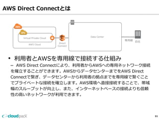 AWS Direct Connectとは 
11 
Virtual Private Cloud 
AWS Cloud 
Data Center 
専⽤用線 
Direct 
Connect 
⾃自社 
• 利利⽤用者とAWSを専⽤用線で接続する仕組み 
– AWS Direct Connectにより、利利⽤用者からAWSへの専⽤用ネットワーク接続 
を確⽴立立することができます。AWSからデータセンターまでをAWS Direct 
Connectで繋ぎ、データセンターから利利⽤用者の拠点までを専⽤用線で繋ぐこと 
でプライベートな接続を確⽴立立します。AWS環境へ直接接続することで、帯域 
幅のスループットが向上し、また、インターネットベースの接続よりも信頼 
性の⾼高いネットワークが利利⽤用できます。 
 
