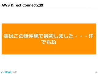 エクイニクス相互接続ポイントは東京••• 
東京まで専⽤用線をつなぐ必要がある汗 
ここは四国の徳島•••汗 
15 
AWS Direct Connectとは 
実はこの話沖縄で最初しました・・・汗 
でもね 
 