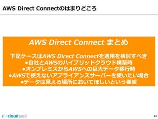 AWS Direct Connectのはまりどころ 
32 
AWS Direct Connect まとめ 
① 相⼿手のネットワークの設定の難易易度度 
② よくわかってない担 
当者と謎の情報••• 
③ よくわかってない専⽤用線業者の担当に 
振り回される 
④ 速度度が想定していた内容に到達しない・・・ 
下記ケースはAWS Direct Connectを適⽤用を検討すべき 
•⾃自社とAWSのハイブリッドクラウド構築時 
•オンプレミスからAWSへの巨⼤大データ移⾏行行時 
•AWSで使えないアプライアンスサーバーを使いたい場合 
•データは⾒見見える場所においてほしいという要望 
 