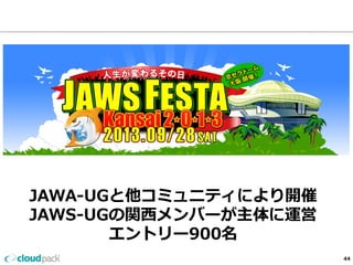 JAWA-‐‑‒UGと他コミュニティにより開催 
JAWS-‐‑‒UGの関⻄西メンバーが主体に運営 
エントリー900名 
44 
 