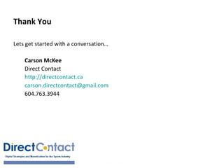 Thank You

Lets get started with a conversation…

    Carson McKee
    Direct Contact
    http://directcontact.ca
    carson.directcontact@gmail.com
    604.763.3944
 