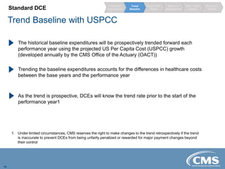 16
Standard DCE
Trend Baseline with USPCC
Regional
Expenditures
Risk / GAF
Adjust
Risk / GAF
Stand.
Trend
Baseline
Historical
Expenditures
Discount /
Quality
As the trend is prospective, DCEs will know the trend rate prior to the start of the
performance year1
Trending the baseline expenditures accounts for the differences in healthcare costs
between the base years and the performance year
The historical baseline expenditures will be prospectively trended forward each
performance year using the projected US Per Capita Cost (USPCC) growth
(developed annually by the CMS Office of the Actuary (OACT))
1. Under limited circumstances, CMS reserves the right to make changes to the trend retrospectively if the trend
is inaccurate to prevent DCEs from being unfairly penalized or rewarded for major payment changes beyond
their control
 