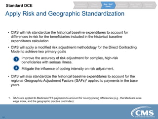 Apply Risk and Geographic Standardization
17
• CMS will risk standardize the historical baseline expenditures to account for
differences in risk for the beneficiaries included in the historical baseline
expenditures calculation
• CMS will apply a modified risk adjustment methodology for the Direct Contracting
Model to achieve two primary goals
1. Improve the accuracy of risk adjustment for complex, high-risk
beneficiaries with serious illness.
2. Mitigate the influence of coding intensity on risk adjustment.
• CMS will also standardize the historical baseline expenditures to account for the
regional Geographic Adjustment Factors (GAFs)1 applied to payments in the base
years
Standard DCE
Regional
Expenditures
Risk / GAF
Adjust
Risk / GAF
Stand.
Trend
Baseline
Historical
Expenditures
Discount /
Quality
1
2
1. GAFs are applied to Medicare FFS payments to account for county pricing differences (e.g., the Medicare area
wage index, and the geographic practice cost index)
 
