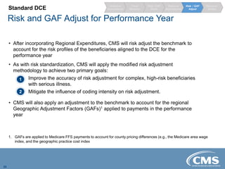 Risk and GAF Adjust for Performance Year
20
• After incorporating Regional Expenditures, CMS will risk adjust the benchmark to
account for the risk profiles of the beneficiaries aligned to the DCE for the
performance year
• As with risk standardization, CMS will apply the modified risk adjustment
methodology to achieve two primary goals:
1. Improve the accuracy of risk adjustment for complex, high-risk beneficiaries
with serious illness.
2. Mitigate the influence of coding intensity on risk adjustment.
• CMS will also apply an adjustment to the benchmark to account for the regional
Geographic Adjustment Factors (GAFs)1 applied to payments in the performance
year
Standard DCE
Regional
Expenditures
Risk / GAF
Adjust
Risk / GAF
Stand.
Trend
Baseline
Historical
Expenditures
Discount /
Quality
1
2
1. GAFs are applied to Medicare FFS payments to account for county pricing differences (e.g., the Medicare area wage
index, and the geographic practice cost index
 