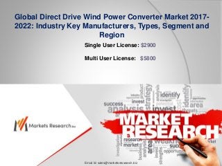 Global Direct Drive Wind Power Converter Market 2017-
2022: Industry Key Manufacturers, Types, Segment and
Region
Single User License: $2900
Multi User License: $5800
Emial Id: sales@marketsressearch.biz
 