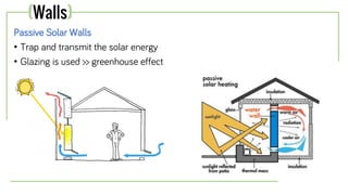 Passive Solar Walls
• Trap and transmit the solar energy
• Glazing is used >> greenhouse effect
(Walls)
 