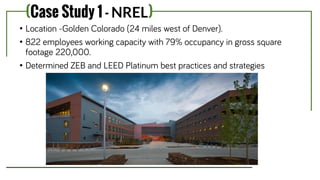 (Case Study 1 - NREL)
• Location -Golden Colorado (24 miles west of Denver).
• 822 employees working capacity with 79% occupancy in gross square
footage 220,000.
• Determined ZEB and LEED Platinum best practices and strategies
 