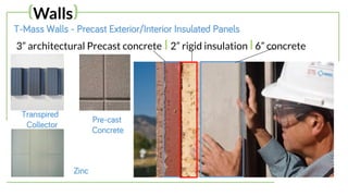 T-Mass Walls - Precast Exterior/Interior Insulated Panels
3” architectural Precast concrete l 2” rigid insulation l 6” concrete
(Walls)
Zinc
Pre-cast
Concrete
Transpired
Collector
 