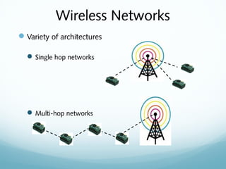 Wireless Networks
Variety of architectures
Single hop networks
Multi-hop networks
 
