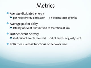 Metrics
Average dissipated energy
per node energy dissipation / # events seen by sinks
Average packet delay
latency of event transmission to reception at sink
Distinct event delivery
# of distinct events received / # of events originally sent
Both measured as functions of network size
 