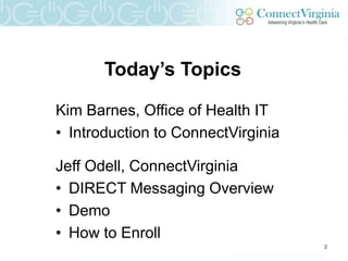 Today’s Topics

Kim Barnes, Office of Health IT
• Introduction to ConnectVirginia

Jeff Odell, ConnectVirginia
• DIRECT Messaging Overview
• Demo
• How to Enroll
                                    2
 