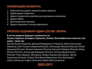 НОМИНАЦИИ КОНКУРСА:
1.   Комплексные директ маркетинговые проекты
2.   Digital директ маркетинг
3.   Директ маркетингв комплексных рекламных кампаниях
4.   Директ Мейл
5.   Дистанционная торговля
6.   Директ маркетинг: взгляд журналиста


ПРОЕКТЫ ОЦЕНИВАЛ ОДИН СОСТАВ ЖЮРИ:
В состав входили ведущие специалисты из
России, Украины, Беларуси, Германии, Латвии, Великобритании, Бельгии, Сло
вакии, такие как:
Виктор Ишков (Украина), Дмитрий Федоренко ( Украина), Ирина Кузнецова
(Украина), Олег Лапшин (Украина/Россия), Александр Гайкалов (Россия), Юний
Давыдов (Россия), Михаил Симонов (Россия), Василий Лебедев (Россия), Игорь
Игонин (Россия), Александр Изряднов (Россия), Евгения Дворниченко
(Россия), Павел Дедков (Беларусь), Богдан Коровец (Беларусь), Денис
Разжигаев (Латвия), Drayton Bird (Великобритания), Alan Rosenspan (
США), Andreassen Jorgen ( Бельгия), Юрай Себо (Словакия)
                             2003-2011
 