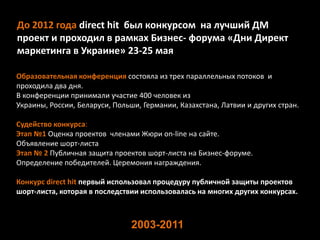 До 2012 года direct hit был конкурсом на лучший ДМ
проект и проходил в рамках Бизнес- форума «Дни Директ
маркетинга в Украине» 23-25 мая

Образовательная конференция состояла из трех параллельных потоков и
проходила два дня.
В конференции принимали участие 400 человек из
Украины, России, Беларуси, Польши, Германии, Казахстана, Латвии и других стран.

Судейство конкурса:
Этап №1 Оценка проектов членами Жюри on-line на сайте.
Объявление шорт-листа
Этап № 2 Публичная защита проектов шорт-листа на Бизнес-форуме.
Определение победителей. Церемония награждения.

Конкурс direct hit первый использовал процедуру публичной защиты проектов
шорт-листа, которая в последствии использовалась на многих других конкурсах.



                                2003-2011
 