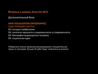 DATA VISUALIZATION (INFOGRAPHIC):
КУДА ПРИВОДЯТ МЕЧТЫ?
DV: история изобретения
DV: писатели прошлого о современности vs современность
DV: биография выдающегося человека
DV: социальная идея
Впервые в рамках direct.hit 2013
Дополнительный блок
Победители получат денежное вознаграждение и поощрительные
призы от спонсоров. Лучшие 20 работ будут напечатаны в каталоге.
 