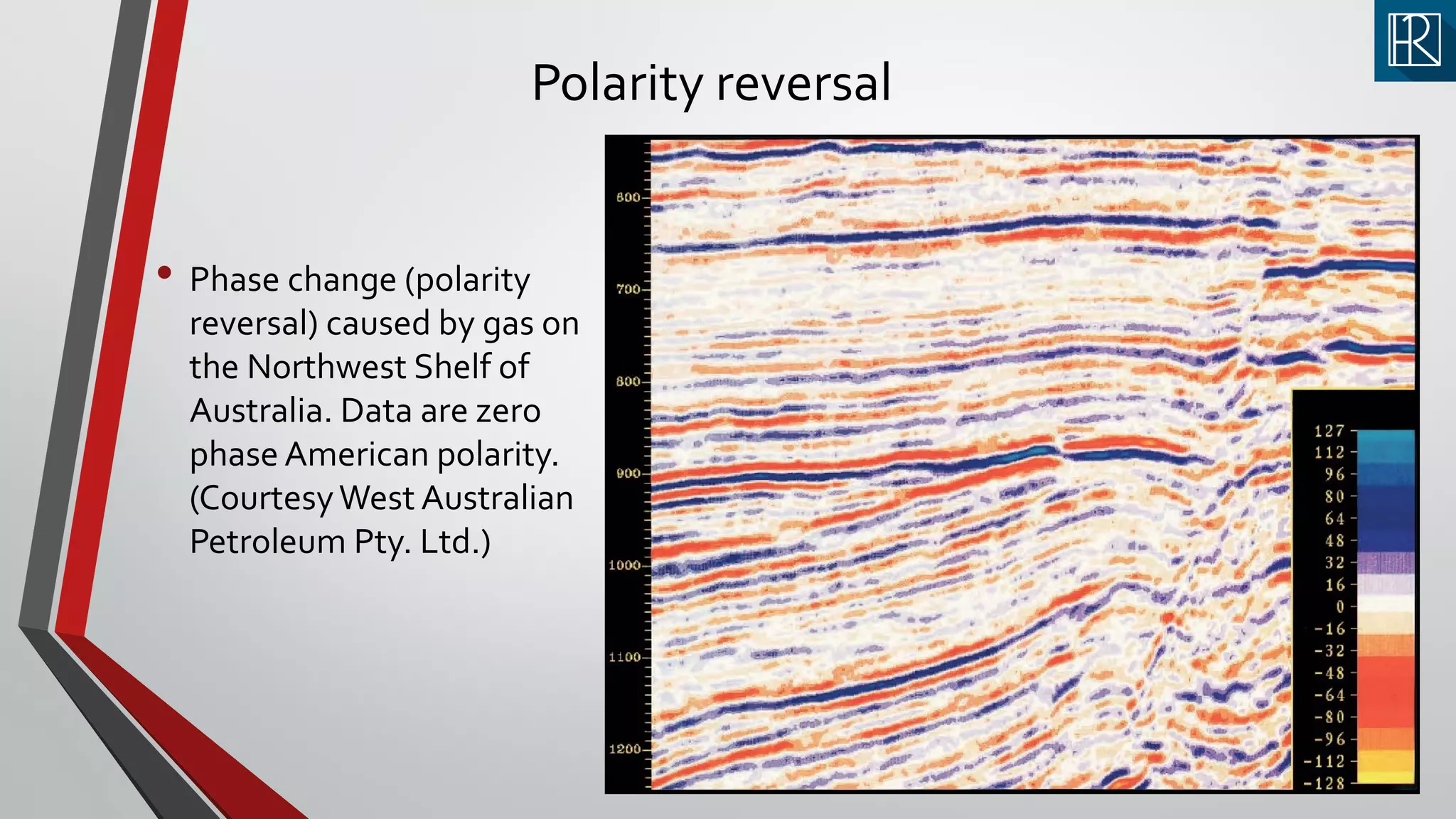 Polarity reversal
• Phase change (polarity
reversal) caused by gas on
the Northwest Shelf of
Australia. Data are zero
phase American polarity.
(CourtesyWest Australian
Petroleum Pty. Ltd.)
 