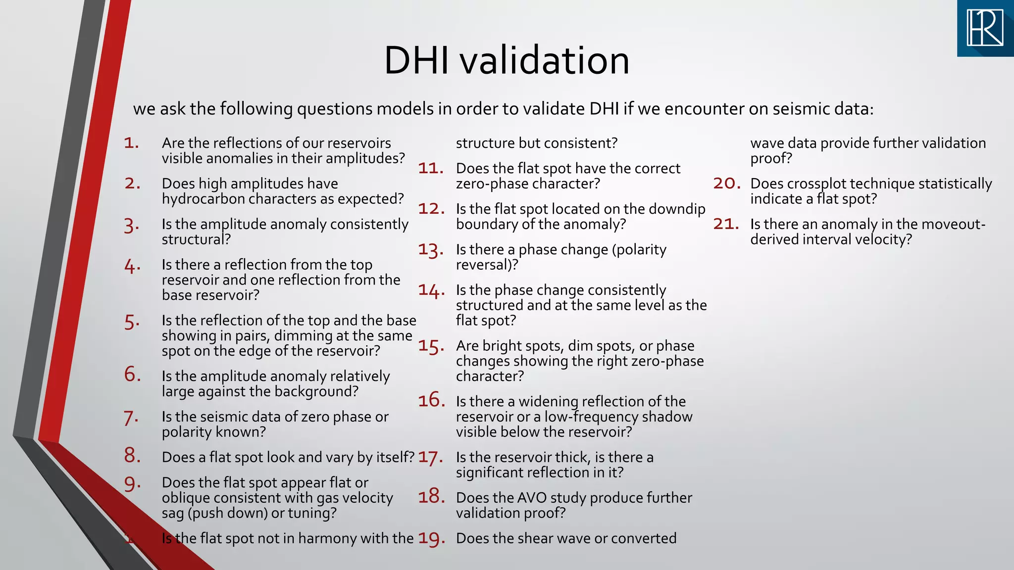 DHI validation
1. Are the reflections of our reservoirs
visible anomalies in their amplitudes?
2. Does high amplitudes have
hydrocarbon characters as expected?
3. Is the amplitude anomaly consistently
structural?
4. Is there a reflection from the top
reservoir and one reflection from the
base reservoir?
5. Is the reflection of the top and the base
showing in pairs, dimming at the same
spot on the edge of the reservoir?
6. Is the amplitude anomaly relatively
large against the background?
7. Is the seismic data of zero phase or
polarity known?
8. Does a flat spot look and vary by itself?
9. Does the flat spot appear flat or
oblique consistent with gas velocity
sag (push down) or tuning?
10. Is the flat spot not in harmony with the
structure but consistent?
11. Does the flat spot have the correct
zero-phase character?
12. Is the flat spot located on the downdip
boundary of the anomaly?
13. Is there a phase change (polarity
reversal)?
14. Is the phase change consistently
structured and at the same level as the
flat spot?
15. Are bright spots, dim spots, or phase
changes showing the right zero-phase
character?
16. Is there a widening reflection of the
reservoir or a low-frequency shadow
visible below the reservoir?
17. Is the reservoir thick, is there a
significant reflection in it?
18. Does the AVO study produce further
validation proof?
19. Does the shear wave or converted
wave data provide further validation
proof?
20. Does crossplot technique statistically
indicate a flat spot?
21. Is there an anomaly in the moveout-
derived interval velocity?
we ask the following questions models in order to validate DHI if we encounter on seismic data:
 