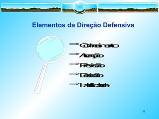 11

C
o
n
h
e
c
i
m
e
n
t
o

A
t
e
n
ç
ã
o

P
r
e
v
i
s
ã
o

D
e
c
i
s
ã
o

H
a
b
i
l
i
d
a
d
e
Elementos da Direção Defensiva
 