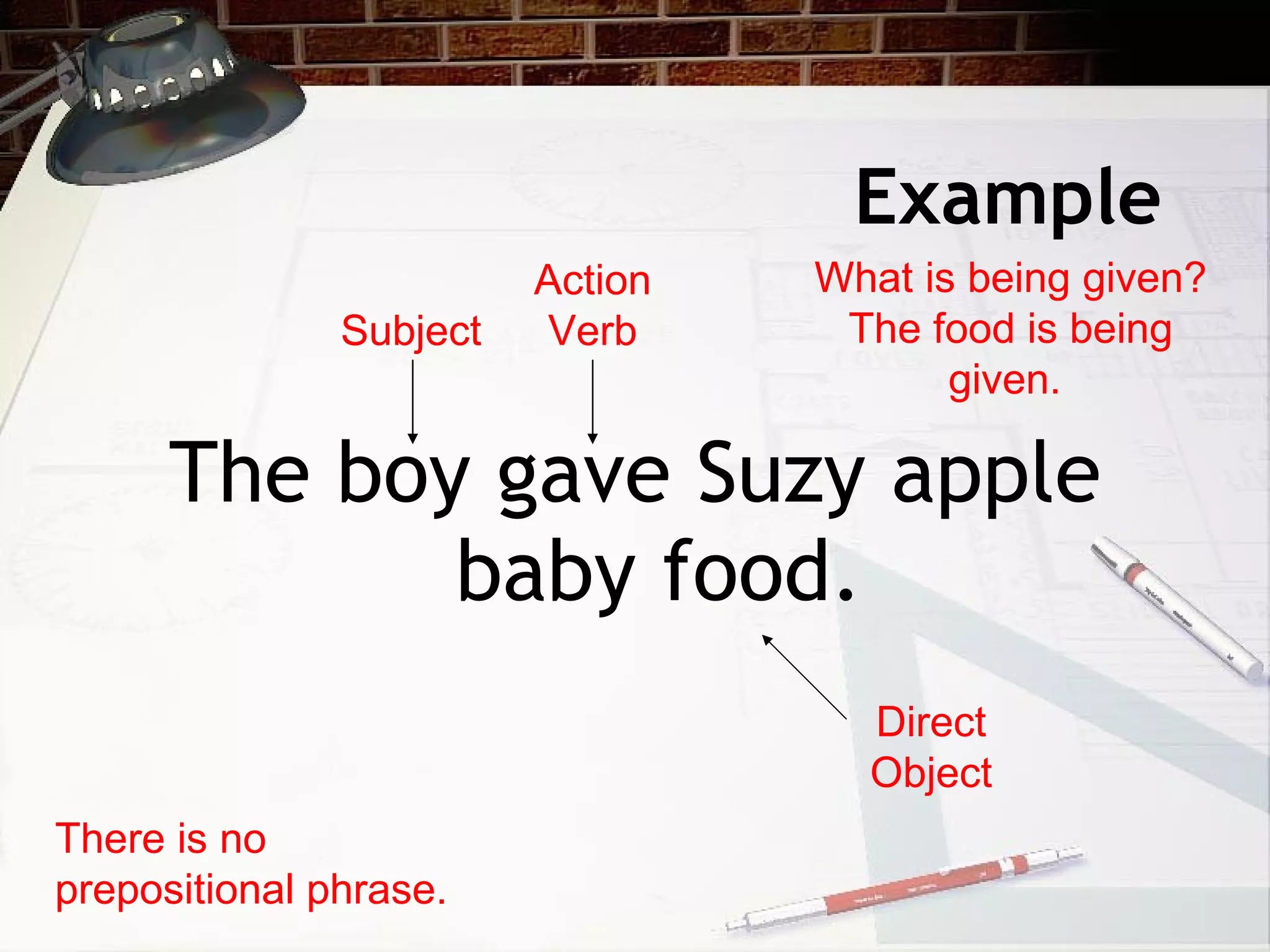 Example The boy gave Suzy apple baby food. There is no prepositional phrase. Subject Action Verb What is being given? The food is being given.  Direct Object 