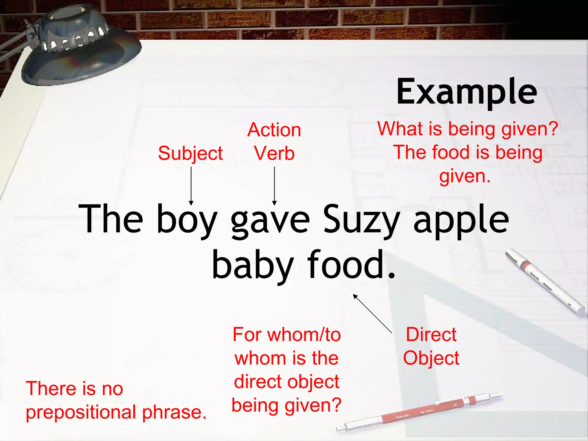 Example The boy gave Suzy apple baby food. There is no prepositional phrase. Subject Action Verb What is being given? The food is being given.  Direct Object For whom/to whom is the direct object being given? 