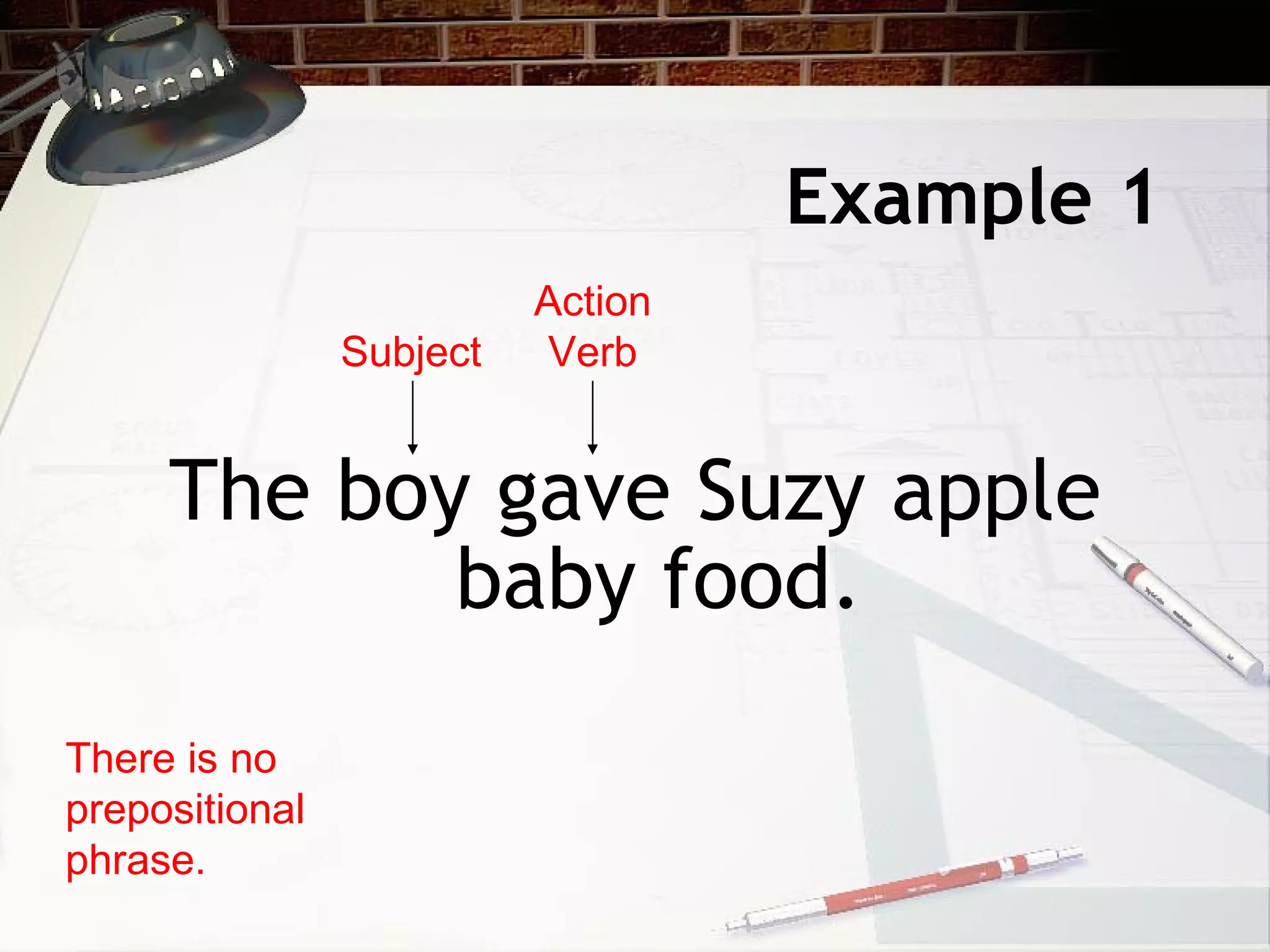 Example 1 The boy gave Suzy apple baby food. There is no prepositional phrase. Subject Action Verb 