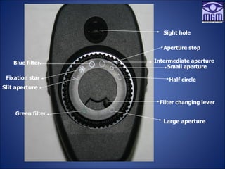 Half circle
Small aperture
Intermediate aperture
Fixation star
Slit aperture
Filter changing lever
Green filter
Large aperture
Sight hole
Blue filter
Aperture stop
 