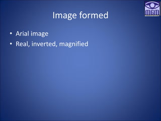 Image formed
• Arial image
• Real, inverted, magnified
 