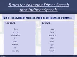 Rules for changing Direct Speech
into Indirect Speech
Rule 1: The adverbs of nearness should be put into those of distance
INDIRECT:
then
there
thereafter
that
those
before
so
that day
DIRECT:
now
here
hereafter
this
these
ago
thus
today
 