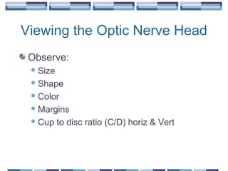 Viewing the Optic Nerve Head
Observe:
Size
Shape
Color
Margins
Cup to disc ratio (C/D) horiz & Vert
 