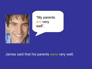 “ My parents  are  very well”. James said that his parents  were  very well. 