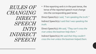 RULES OF
CHANGING
DIRECT
SPEECH
INTO
INDIRECT
SPEECH
• If the reporting verb is in the past tense, the
tense of the reported speech must change
into the corresponding past tense.
Direct Speech(1):I said, ”I am speaking the truth.”
Indirect Speech(1):I said that I was speaking the
truth.
Direct Speech(2):We said, “They can’t cross the
river unless the boatmen help them.”
Indirect Speech(2):We said that they couldn’t
cross the river unless the boatmen helped them.
 